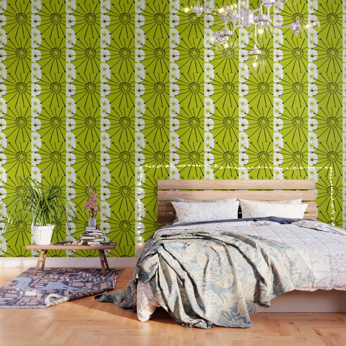 MidCentury Modern Lime Green And White Sunburst Designs Wallpaper by