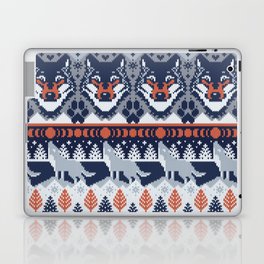 Fair isle knitting grey wolf // navy blue and grey wolves orange moons and pine trees Laptop Skin