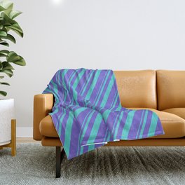 [ Thumbnail: Turquoise & Slate Blue Colored Stripes/Lines Pattern Throw Blanket ]