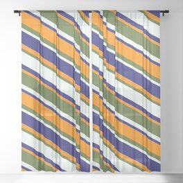 [ Thumbnail: Midnight Blue, Dark Orange, Dark Olive Green, and Mint Cream Colored Pattern of Stripes Sheer Curtain ]
