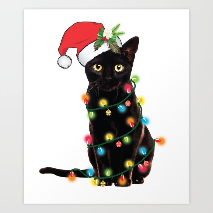 Santa Black Cat Tangled Up In Lights Christmas Santa Graphic Art Print
