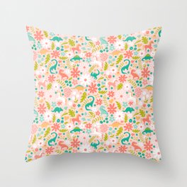 Dinosaurs + Unicorns in Pink + Teal Throw Pillow