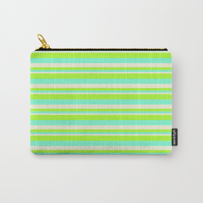Light Green, Aquamarine & Beige Colored Lines/Stripes Pattern Carry-All Pouch