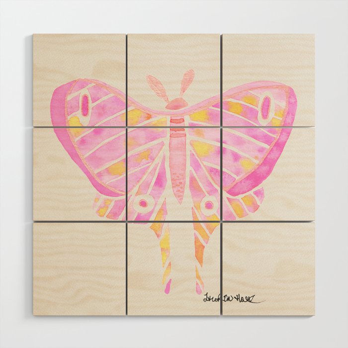 Moth Design- Watercolor Painting-Pink and Yellow Wood Wall Art