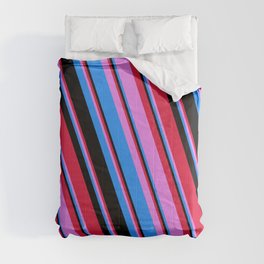 [ Thumbnail: Crimson, Violet, Blue & Black Colored Lines/Stripes Pattern Comforter ]
