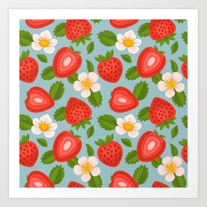 Strawberry Pattern on Sky Blue Art Print