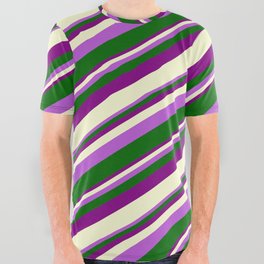 [ Thumbnail: Orchid, Dark Green, Purple, and Light Yellow Colored Stripes Pattern All Over Graphic Tee ]