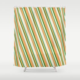 [ Thumbnail: Beige, Sea Green, Brown, and Forest Green Colored Striped/Lined Pattern Shower Curtain ]