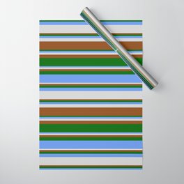 [ Thumbnail: Cornflower Blue, Light Grey, Brown & Dark Green Colored Pattern of Stripes Wrapping Paper ]