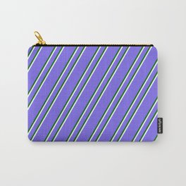 [ Thumbnail: Medium Slate Blue, Dark Green & Mint Cream Colored Lines/Stripes Pattern Carry-All Pouch ]
