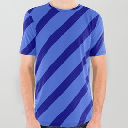 [ Thumbnail: Royal Blue & Dark Blue Colored Stripes Pattern All Over Graphic Tee ]