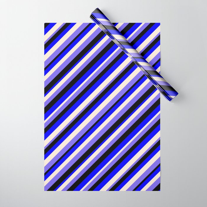 Blue, Beige, Medium Slate Blue & Black Colored Stripes Pattern Wrapping Paper