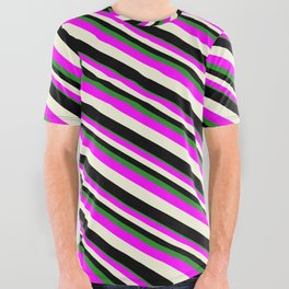 [ Thumbnail: Forest Green, Fuchsia, Beige, and Black Colored Lined/Striped Pattern All Over Graphic Tee ]