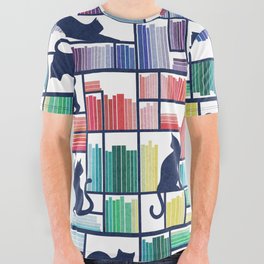 Rainbow bookshelf // white background navy blue shelf and library cats All Over Graphic Tee