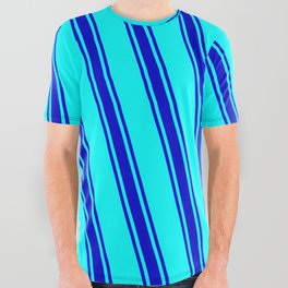 [ Thumbnail: Cyan & Blue Colored Lined/Striped Pattern All Over Graphic Tee ]