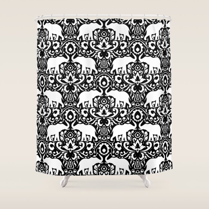 Elephant Damask Black and White Shower Curtain by mjmstudio Society6
