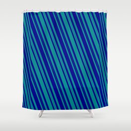 [ Thumbnail: Dark Blue and Dark Cyan Colored Lined/Striped Pattern Shower Curtain ]