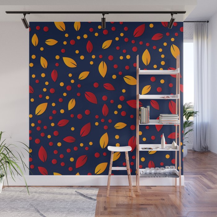 Red & Yellow Colorful Leaf & Dotted Design Wall Mural