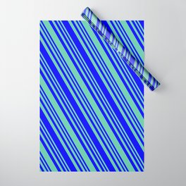 [ Thumbnail: Aquamarine and Blue Colored Lines/Stripes Pattern Wrapping Paper ]