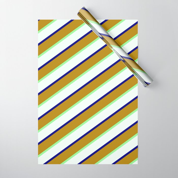 Dark Goldenrod, Green, Mint Cream, and Blue Colored Striped/Lined Pattern Wrapping Paper