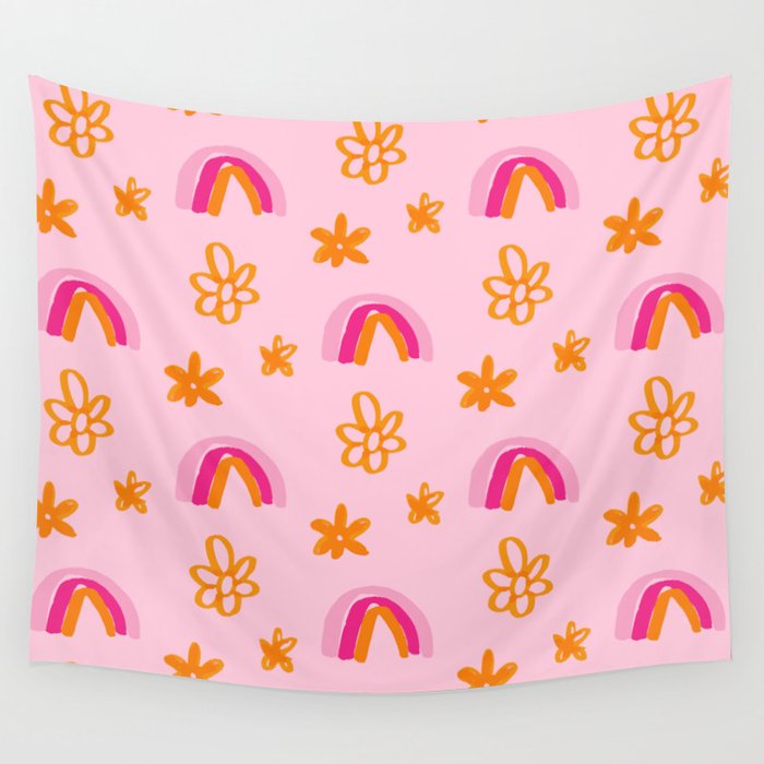 Rainbows and Daisies - Pink and Yellow Palette Wall Tapestry
