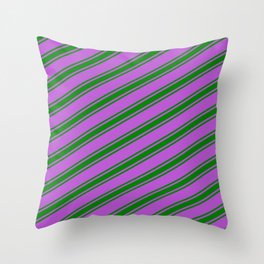 [ Thumbnail: Orchid and Green Colored Lined/Striped Pattern Throw Pillow ]