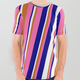 [ Thumbnail: Hot Pink, Dark Blue, White, and Chocolate Colored Lines Pattern All Over Graphic Tee ]