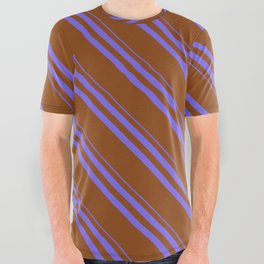 [ Thumbnail: Medium Slate Blue and Brown Colored Striped Pattern All Over Graphic Tee ]
