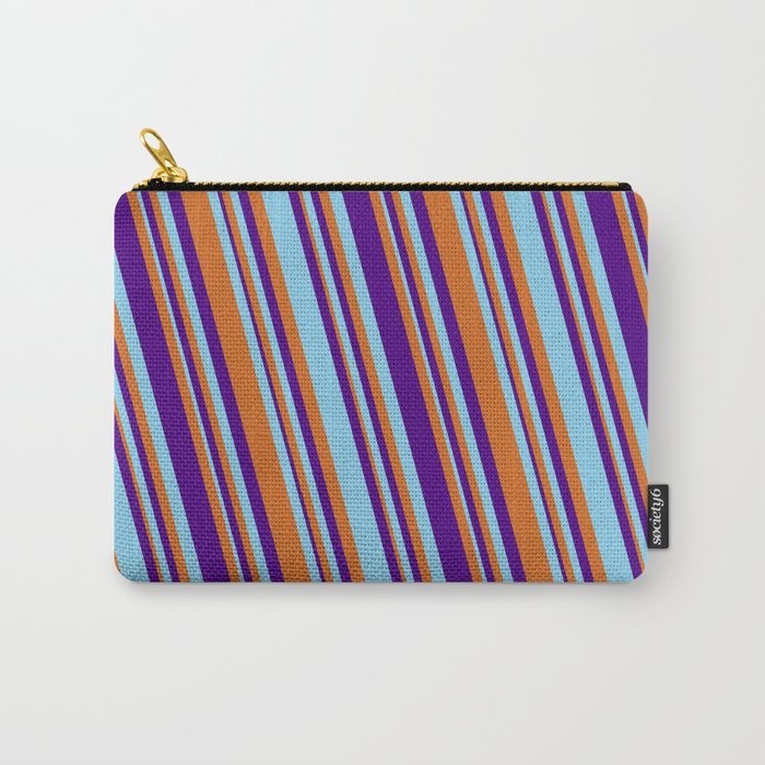 Chocolate, Indigo & Sky Blue Colored Stripes Pattern Carry-All Pouch