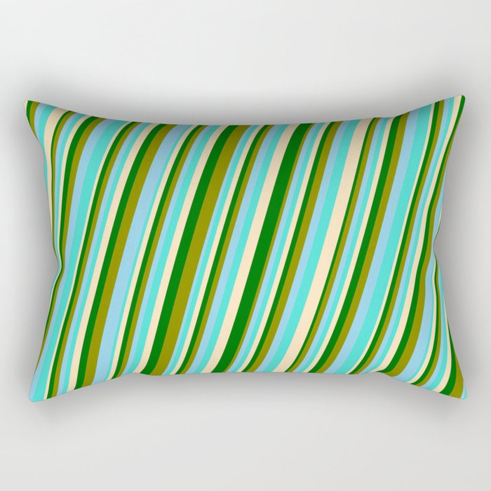 Turquoise, Beige, Dark Green, Green & Sky Blue Colored Pattern of Stripes Rectangular Pillow