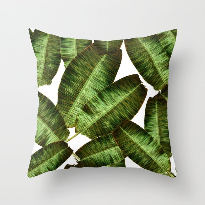 Tropical banana leaves, jungle leaf seamless floral pattern white background. Artistic palms pattern with seamless repeating design. Pattern summer Throw Pillow