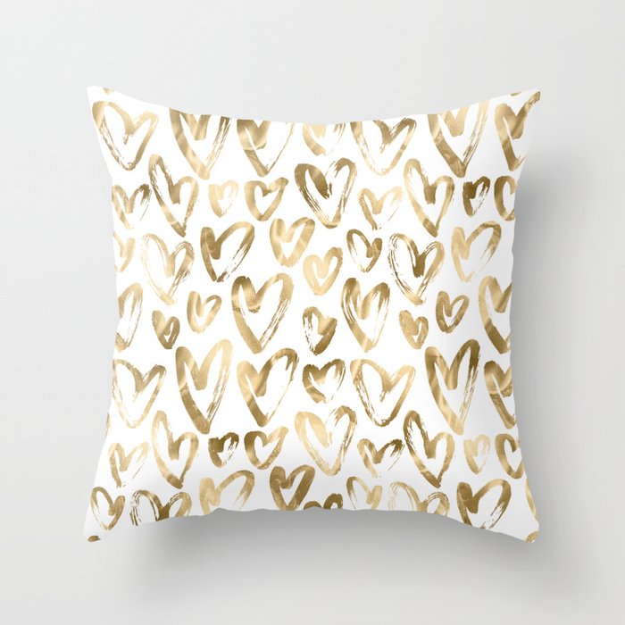 Gold Love Hearts Pattern on White Throw Pillow