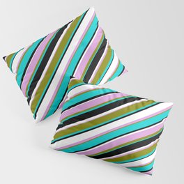 [ Thumbnail: Colorful Plum, Green, Dark Turquoise, Black, and White Colored Lined/Striped Pattern Pillow Sham ]