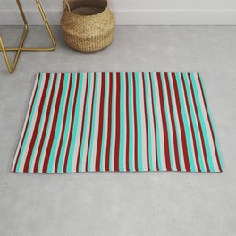 [ Thumbnail: Turquoise, Dark Red, and Light Grey Colored Pattern of Stripes Rug ]