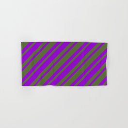 [ Thumbnail: Dark Olive Green & Dark Violet Colored Lines Pattern Hand & Bath Towel ]