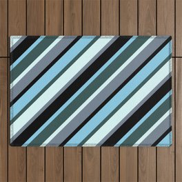 [ Thumbnail: Slate Gray, Black, Sky Blue, Dark Slate Gray & Light Cyan Colored Striped Pattern Outdoor Rug ]