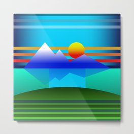 Abstract Lands. Metal Print | Geometry, Sun, Colorful, Mountains, Modernart, Shapeart, Settingsun, Sundisc, Sea, Greens 