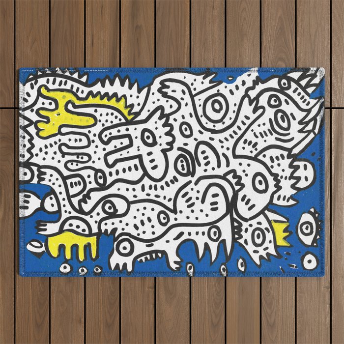 Yellow Blue Graffiti Art Doodle Black and White  Outdoor Rug