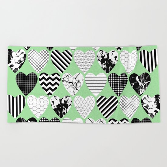 Hearts On Pastel Green - Abstract, black and white, geometric Beach Towel