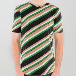 [ Thumbnail: Dark Salmon, Light Cyan, Forest Green & Black Colored Striped Pattern All Over Graphic Tee ]