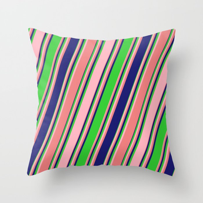 Lime Green, Light Pink, Light Coral & Midnight Blue Colored Lines/Stripes Pattern Throw Pillow