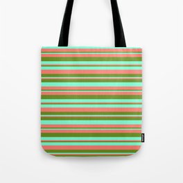 [ Thumbnail: Salmon, Green & Aquamarine Colored Stripes/Lines Pattern Tote Bag ]