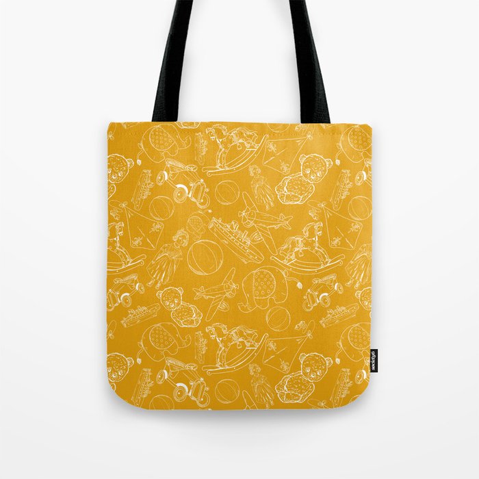 Mustard and White Toys Outline Pattern Tote Bag