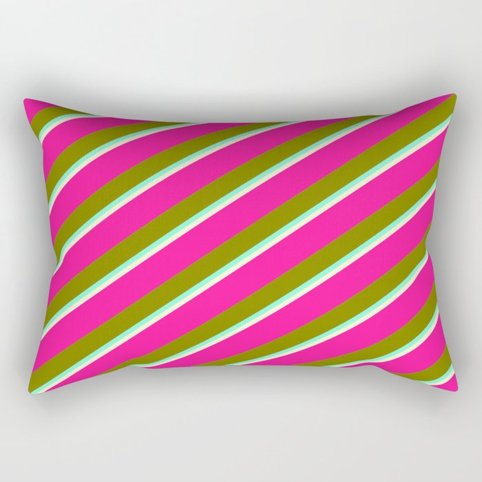 Deep Pink, Green, Aquamarine, and Light Yellow Colored Lined/Striped Pattern Rectangular Pillow