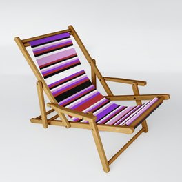 [ Thumbnail: Eyecatching Plum, Purple, Red, Black & White Colored Lines/Stripes Pattern Sling Chair ]