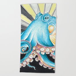 Blue Octopus Tentacles Kraken Retro Stripes Ink Art Beach Towel
