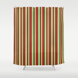 [ Thumbnail: Light Green and Red Colored Pattern of Stripes Shower Curtain ]