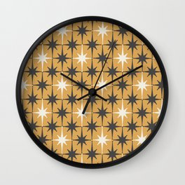 Midcentury Modern Atomic Starburst Pattern Muted Mustard Gold, Charcoal Gray, and Cream Wall Clock