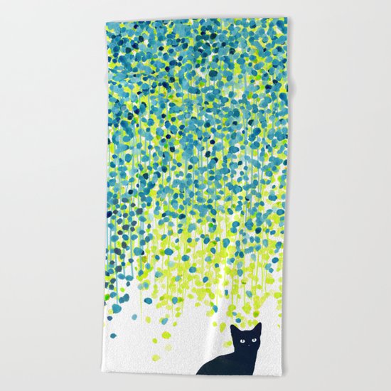 Cat in the garden under willow tree Beach Towel