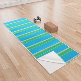 [ Thumbnail: Deep Sky Blue, Lime Green, and Powder Blue Colored Striped Pattern Yoga Towel ]